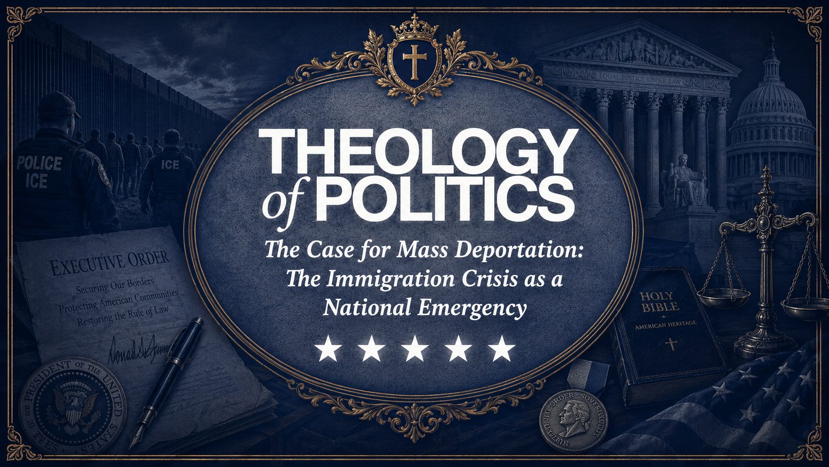 Theology of Politics graphic titled “The Case for Mass Deportation: The Immigration Crisis as a National Emergency,” featuring a dark blue Renaissance-style design with gold ornamentation, an executive order, ICE officers near a border fence, Supreme Court and Capitol imagery, scales of justice, a Holy Bible, American flag, and five white stars.
