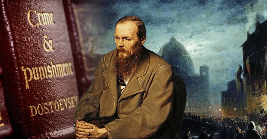 Spine of novel "Crime and Punishment"; a portrait of Fyodor Dostoevsky; and a painting of St. Petersburg by Fyodor Vasilyev.