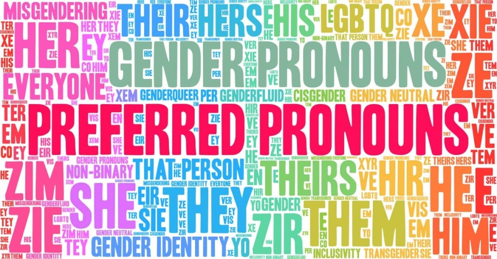 Colorful word cloud featuring “preferred pronouns,” “gender pronouns,” and pronouns such as she, he, they, ze, and hir.