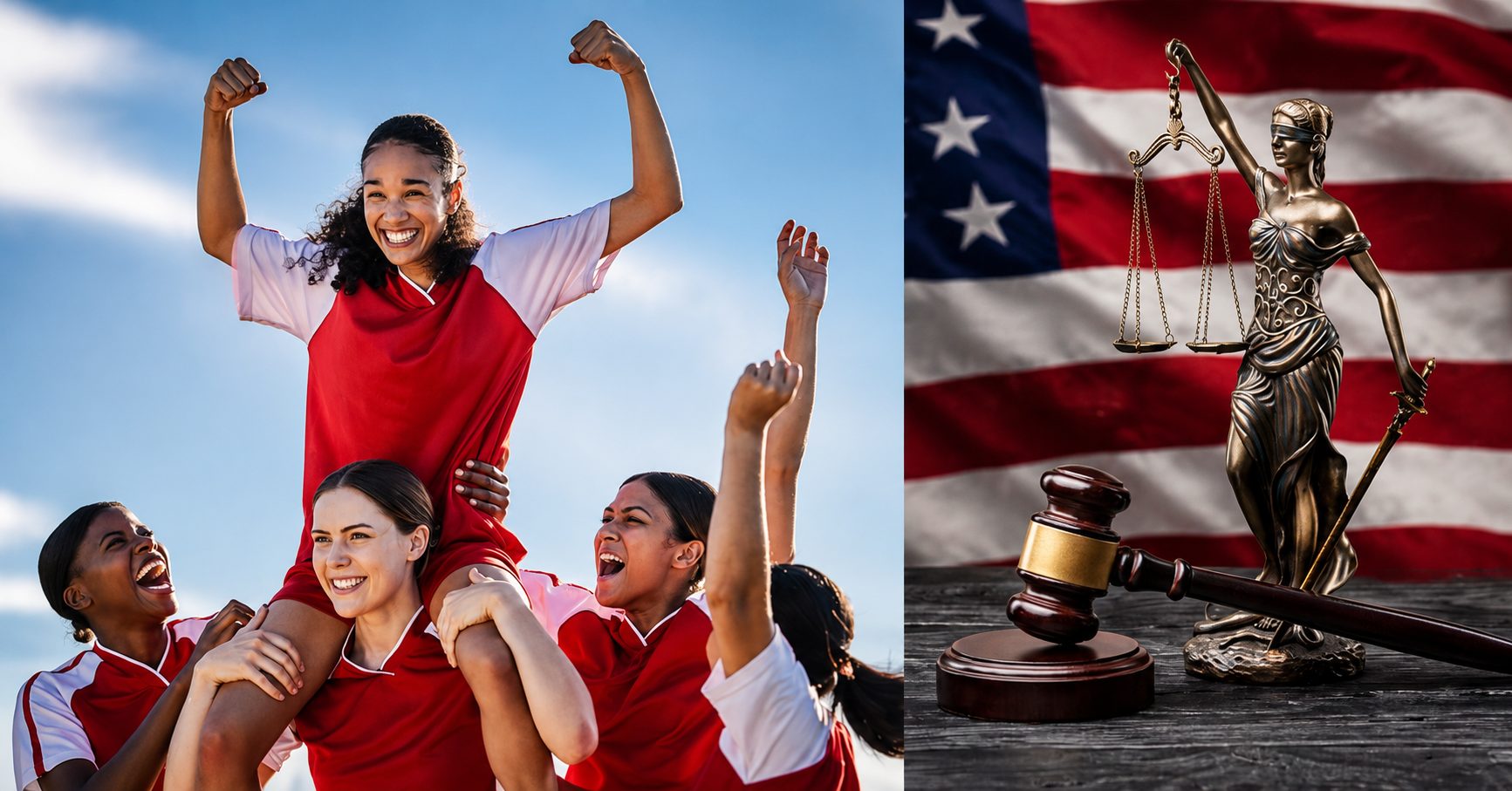 Composite image showing female soccer players celebrating beside a Lady Justice statue, gavel, and American flag.