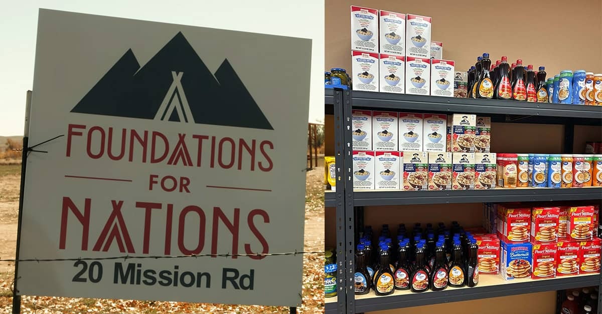 (Left) A sign bearing the name and logo of the Foundation for Nations Church in Riverton, Wyoming; and (right) shelves of breakfast items and other groceries inside the church's on-site food pantry (right).