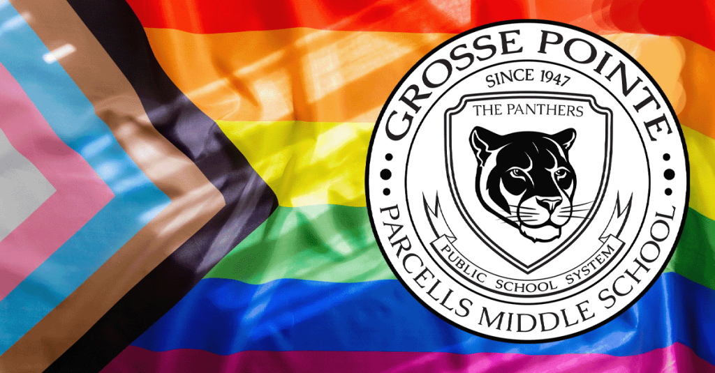A photo of an LGBTQ "Pride Progress" flag and the logo for Parcells Middle School in Grosse Pointe, Michigan.