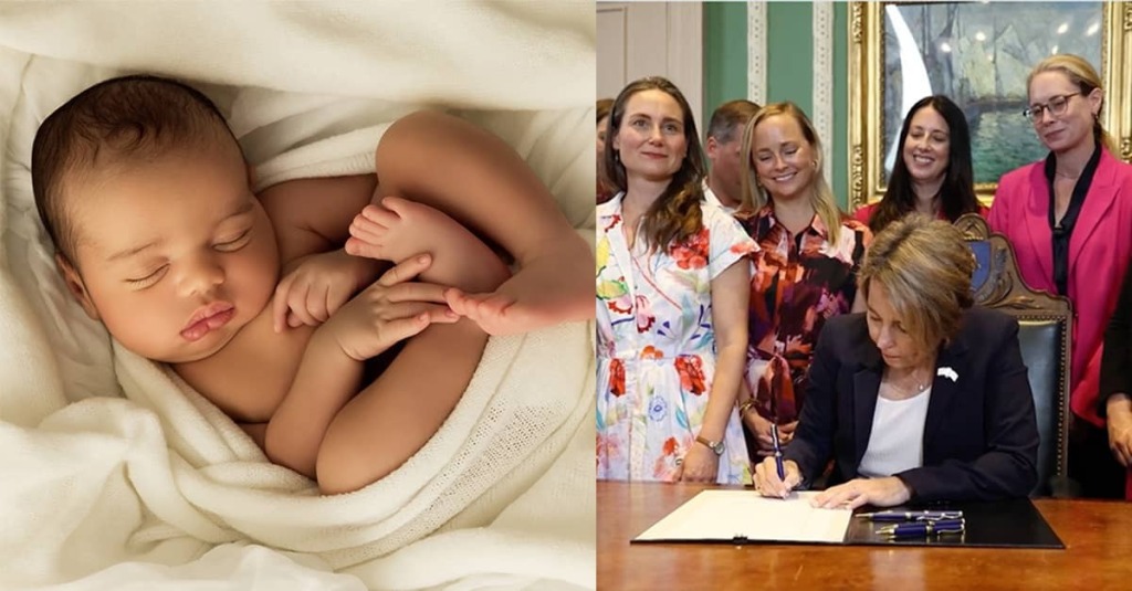 (left) A newborn baby and (right) Gov. Mara Healy signs HR 5595 making abortion legal through all nine months.