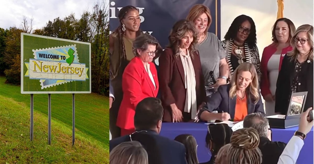 Gov. Mikie Sherrill is surrounded by pro-abortion supporters she signs New Jersey's new enhanced shield law (right); a sign that reads New Jersey Welcomes You.