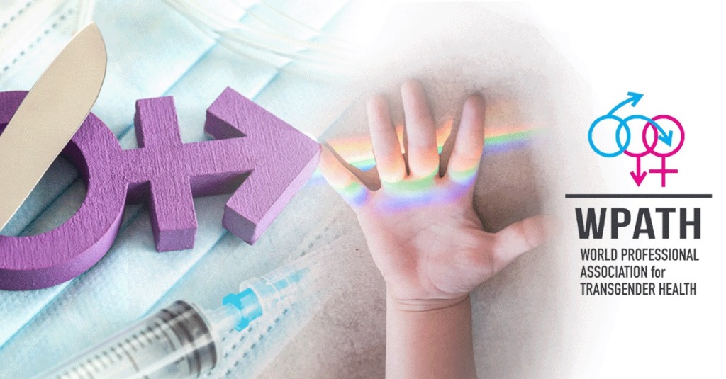 Composite of purple gender symbols beside a scalpel and syringe, a child’s raised hand beneath a rainbow, and the WPATH logo.