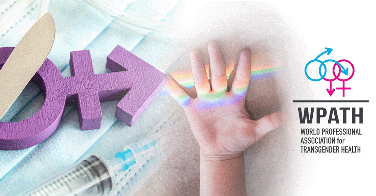 Composite of purple gender symbols beside a scalpel and syringe, a child’s raised hand beneath a rainbow, and the WPATH logo.