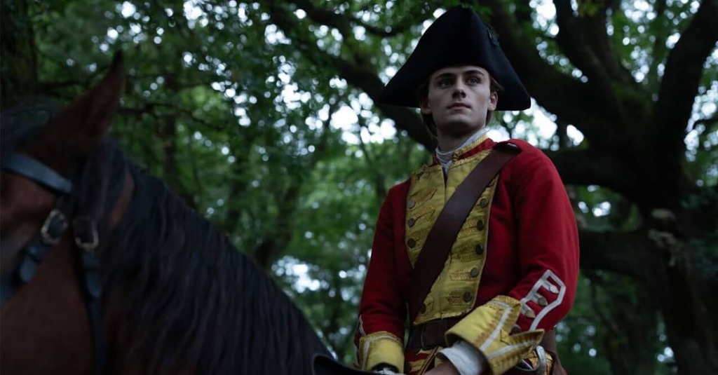 A young George Washington, played by William Franklyn-Miller, sits on his horse during the French and Indian War.