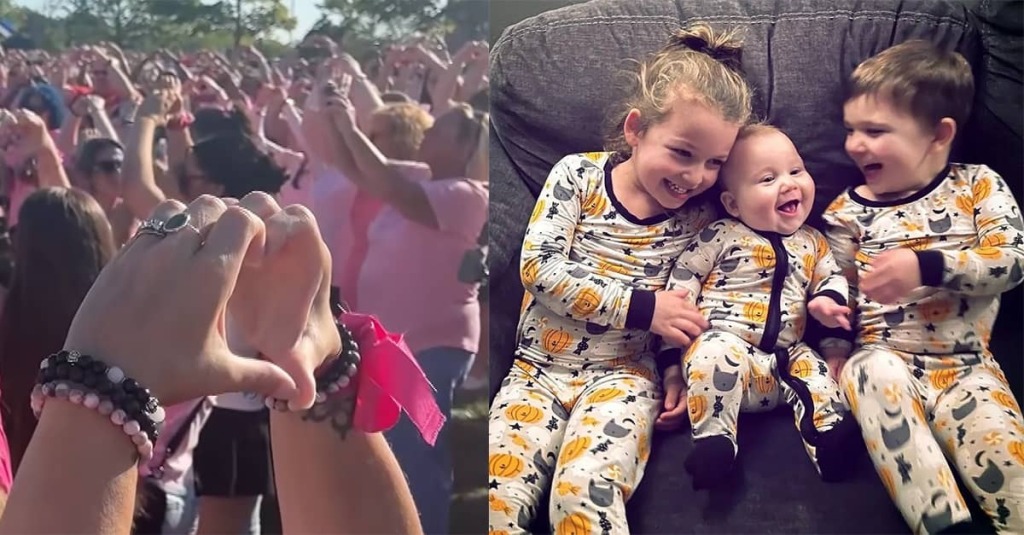 Women wear pink and flash heart signs (left) in solidarity with Lindsay Clancy, who is on trial for murdering her three children: Cora, Callan, and Dawson (right), seen here smiling and playing together on the family couch.