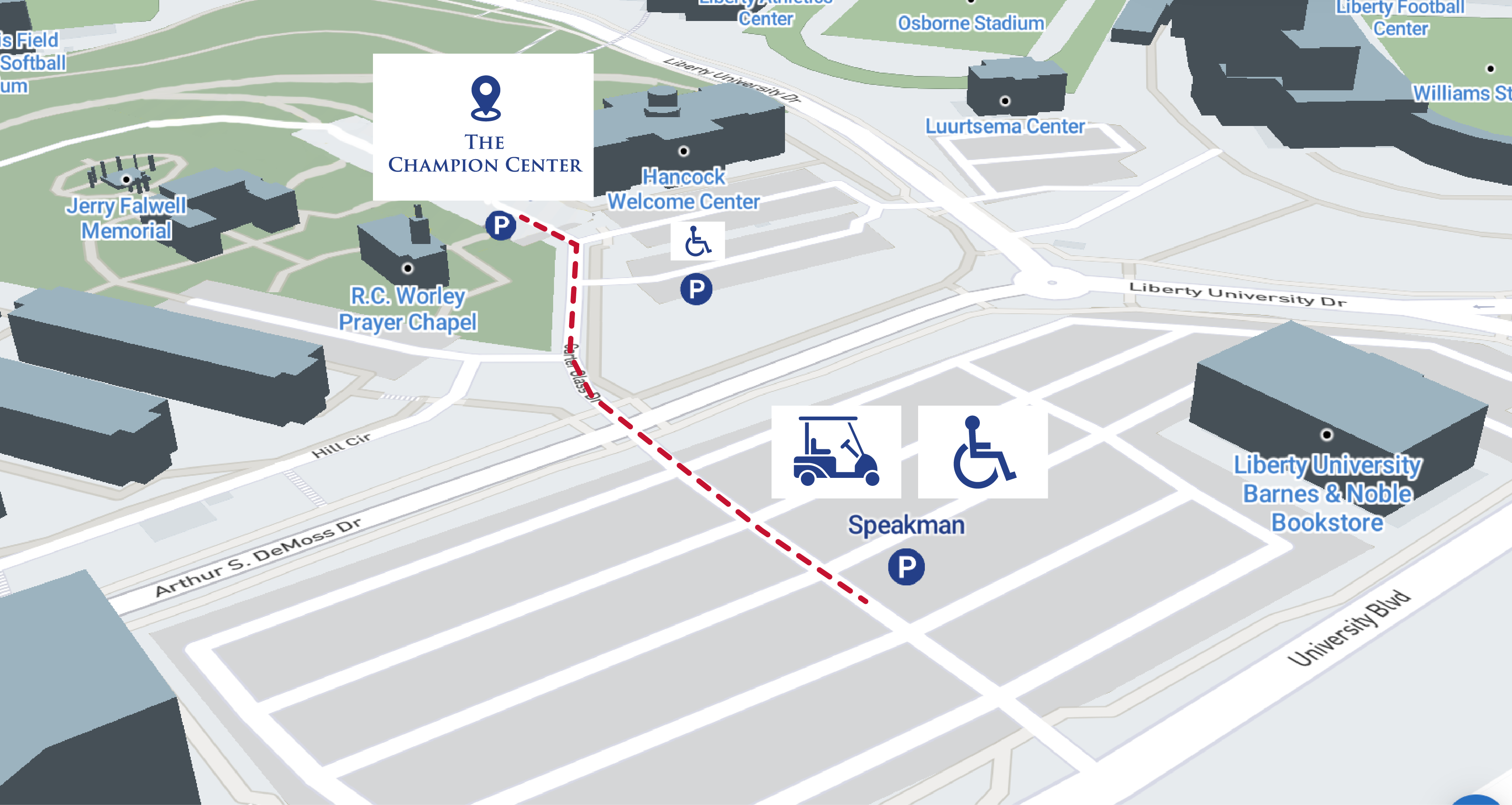 Image of the path from Speakman Parking Lot to The Champion Center at Liberty University