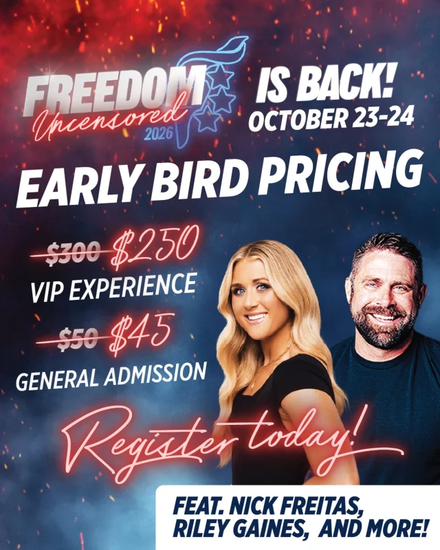 FREEDOM UNCENSORED IS BACK! Mark your calendars and get your tickets with an early bird discount today. We are thrilled to bring Riley Gaines, Nick Freitas, and SO many more speakers that will be announced shortly back to Liberty University October 23-24.

Get your tickets now at the link in our bio!